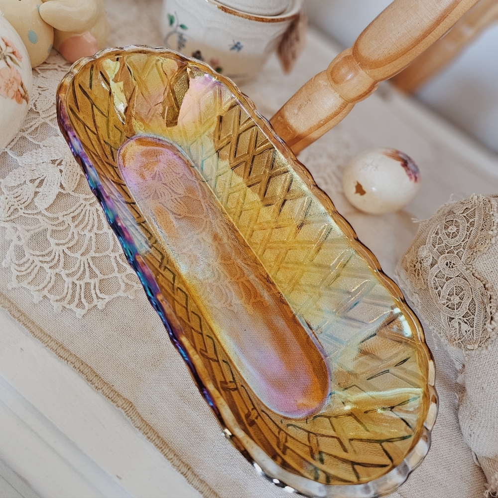 Vintage Iridescent Carnival Glass Tray Bowl